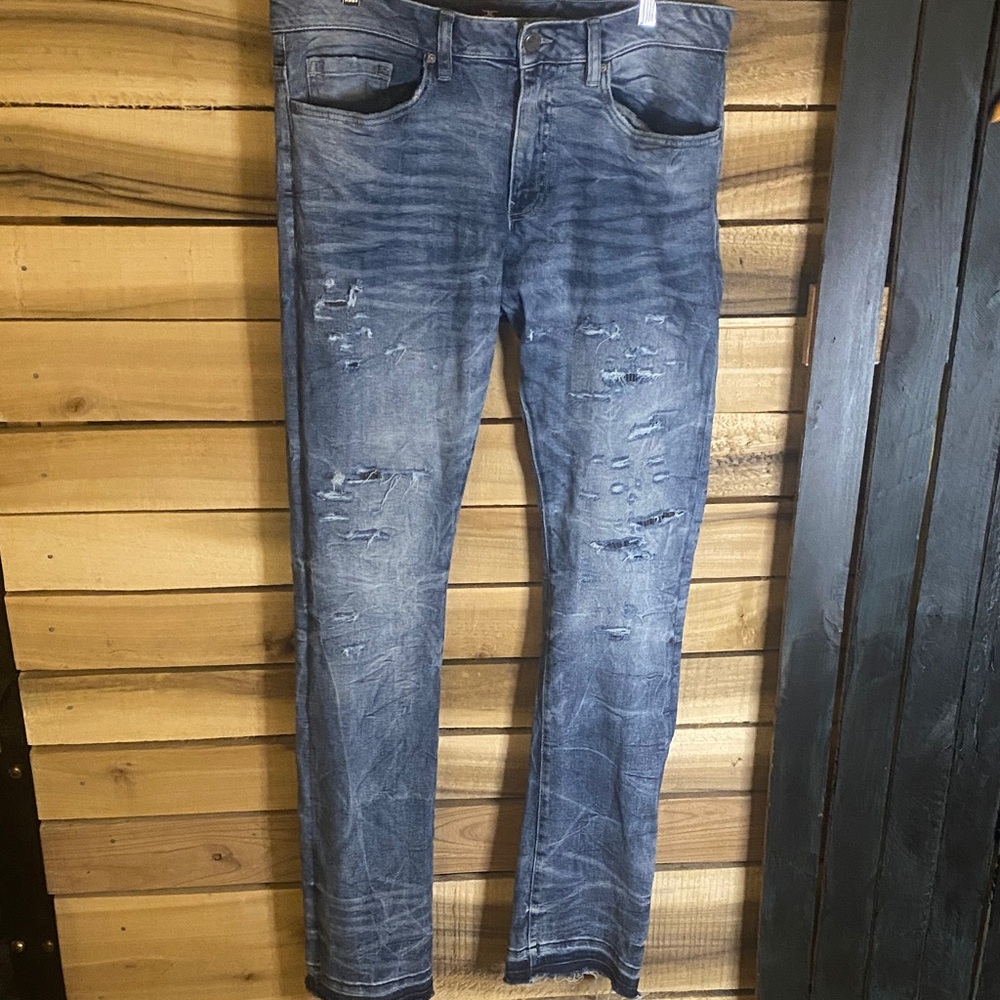 Jordan Craig Martin Stacked Men's Distressed Blue Jeans size 36x38 raw cuff edge